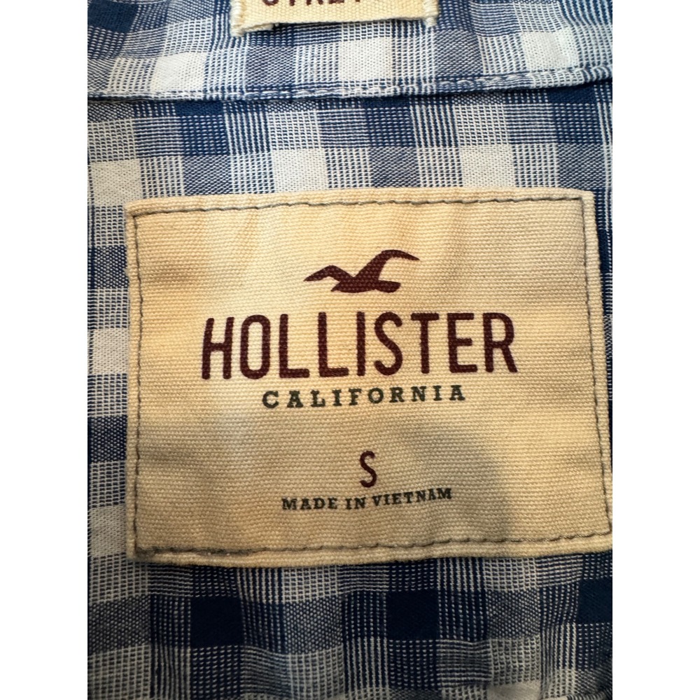 Hollister Mens Small Blue White Gingham Stretch Long Sleeve Button Down Shirt